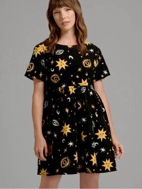 Modcloth Black Friday Celestial Being Corduroy Dress Yellow Star & White Moon 18